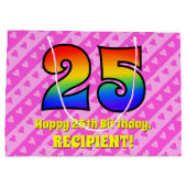 25誕生日：ピンクストライプのハート、レインボー# 25 ラージペーパーバッグ (裏面)
