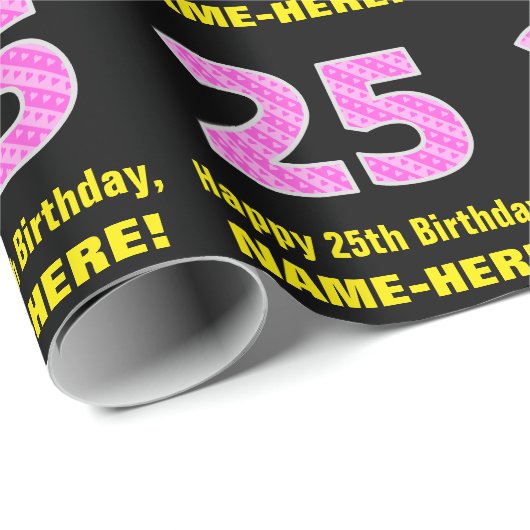 25誕生日:ピンクストライプ色のハートと"25" +名前 ラッピングペーパー (ロールコーナー)