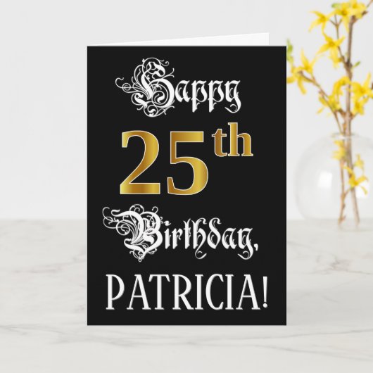 25誕生日:ファンシースクリプト、フェイク金ゴールド・ルック、名前 カード (黄色い花)