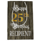 25誕生日:フェイク金ゴールドルック&ウッドフェイクパターン ミディアムペーパーバッグ (正面)