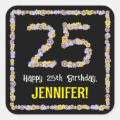 25誕生日:フローラ花数名前をカスタムする スクエアシール (正面)