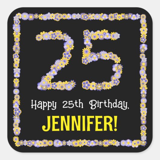 25誕生日:フローラ花数名前をカスタムする スクエアシール (正面)