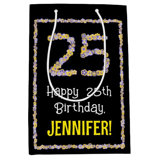 25誕生日:フローラ花数名前をカスタムする ミディアムペーパーバッグ (正面)