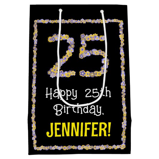 25誕生日:フローラ花数名前をカスタムする ミディアムペーパーバッグ (裏面)