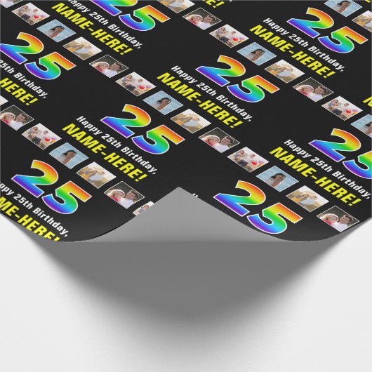25誕生日:レインボー「25」、写真カスタムと名前 ラッピングペーパー (角)