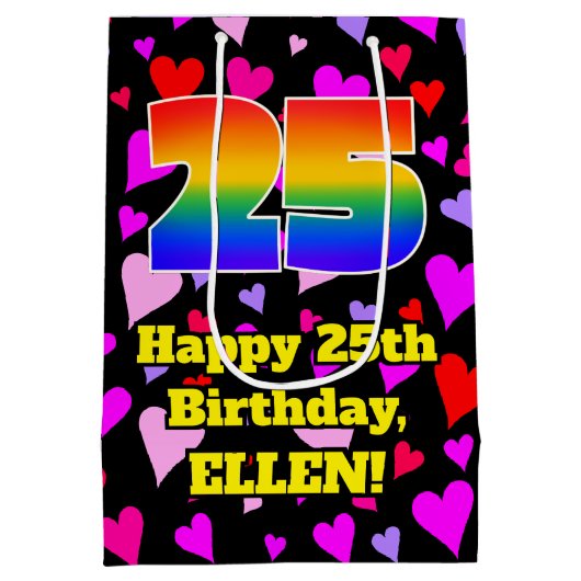 25誕生日:愛するハートパターン、虹# 25 ミディアムペーパーバッグ (裏面)