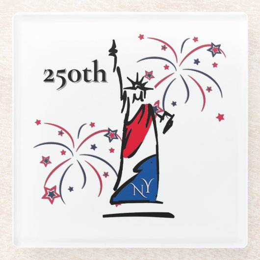 250周年独立記念日の自由の女神+花火 ガラスコースター (正面)