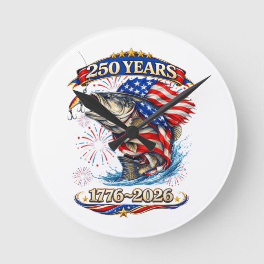 250周年 1776-2026 トラウトフィッシング ラウンド壁時計 (正面)
