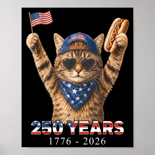 250周年 1776 2026 面白い猫好き アメリカ国旗 4th ポスター (正面)