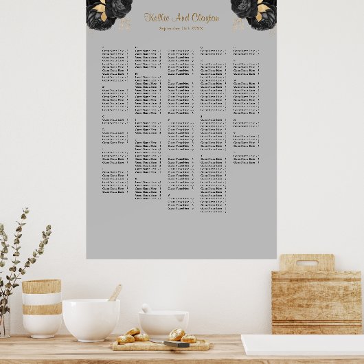 250黒と金ゴールドのフローラ結婚の座席表 ポスター (キッチン)