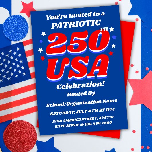 250 アメリカの祝祭 編集可能な愛国的な招待状 招待状