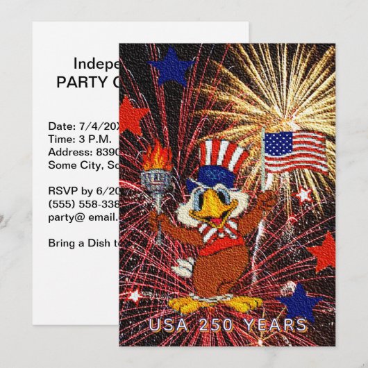 250 Years Cartoon Eagle USA Flag & Fireworks 招待状 (正面/裏面)