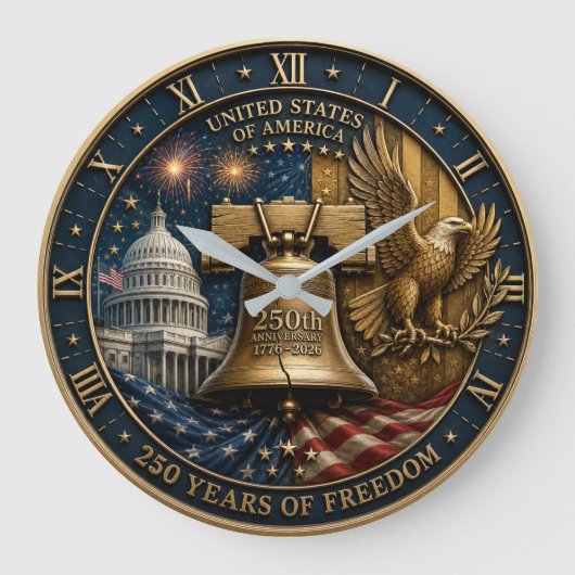 250 Years of Freedom Liberty Bell Bald Eagle & U.S ラージ壁時計 (正面)