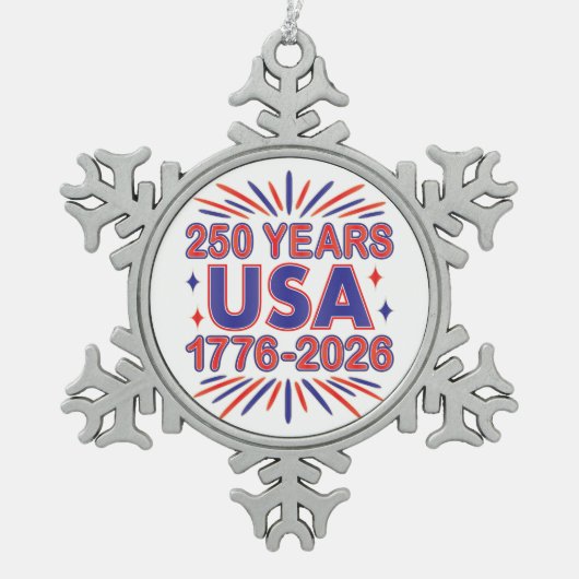 250 Years USA | 1776–2026 Semiquincentennial スノーフレークピューターオーナメント (正面)
