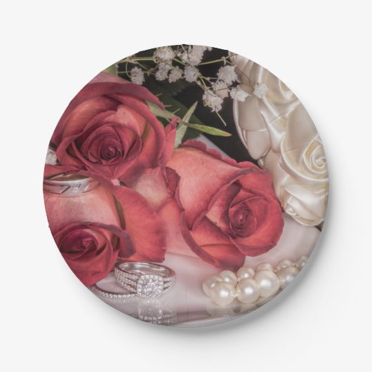 2586 – 赤と白結婚のバラ(リングや輪、真珠) ペーパープレート (正面)
