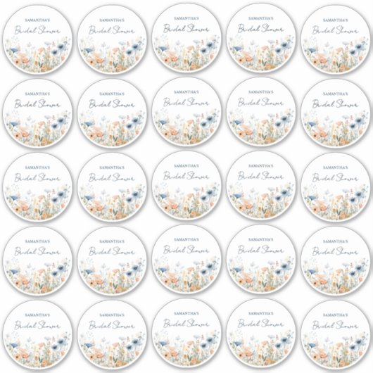 25 ダスティーブルーの水彩画のワイルドフラワー ブライダルシャワー シール (正面)