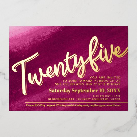 25 25th誕生日パーティー金ゴールド赤ピンクウォッシュ 箔招待状 (正面)
