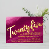 25 25th誕生日パーティー金ゴールド赤ピンクウォッシュ 箔招待状 (立ち正面)