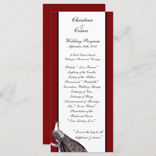 25 4x9結婚式 プログラムピーコックレッド白黒 プログラム (正面/裏面)