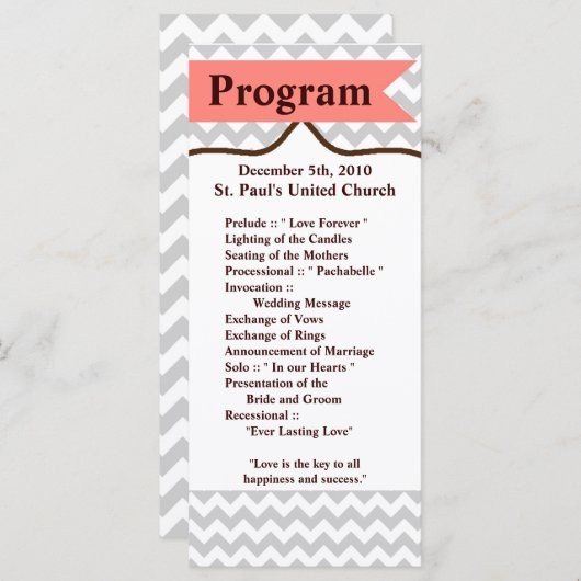25 4x9結婚式 プログラムモダンシェブロンストライプサンゴ プログラム (正面/裏面)
