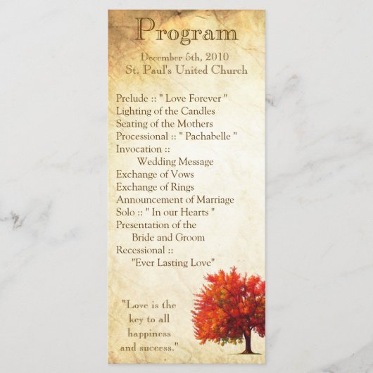 25 4x9結婚式 プログラム秋ツリー樹齢紙秋 プログラム (正面)