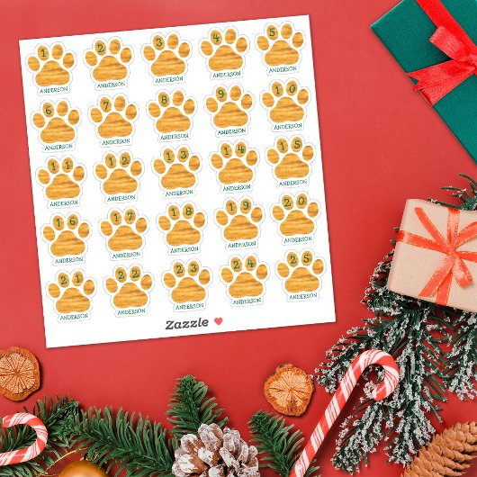 25 Personalized Days of December Dog Paw Advent シール