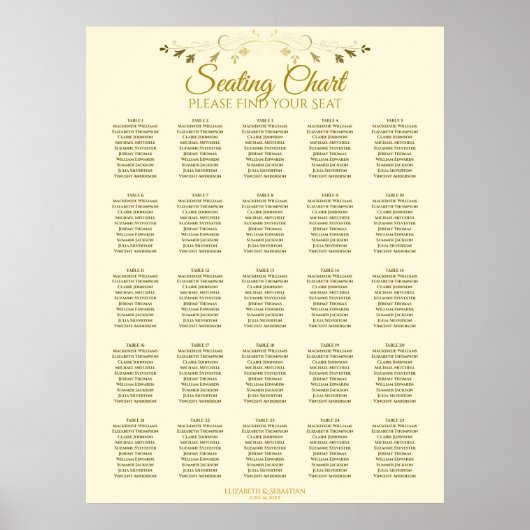 25 Table Elegant Gold Cream Wedding Seating Chart ポスター (正面)