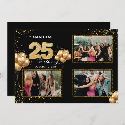 25 th Birthday Gold Silver Black Balloons 招待状 (正面/裏面)