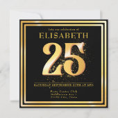 25thエレガント金ゴールドブラック誕生日招待状 招待状 (正面)