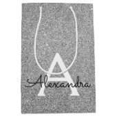 25thシルバー誕生日グリッター&スパークルモノグラム ミディアムペーパーバッグ (正面)