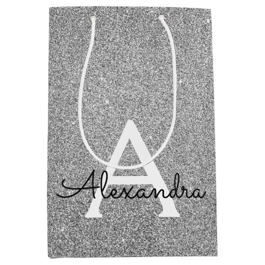 25thシルバー誕生日グリッター&スパークルモノグラム ミディアムペーパーバッグ (正面)