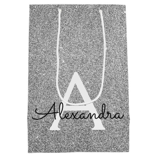 25thシルバー誕生日グリッター&スパークルモノグラム ミディアムペーパーバッグ (裏面)