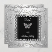 25thバースデーパーティーブラックスバタフライシルバーブラック 招待状 (正面/裏面)