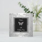 25thバースデーパーティーブラックスバタフライシルバーブラック 招待状 (スタンド正面)