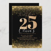 25thモダンバースデーパーティーブラック金ゴールドグリッター 招待状 (正面/裏面)