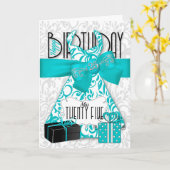 25th誕生日のため彼女のトレンディーきらきら光るターコイズドレス カード (黄色い花)