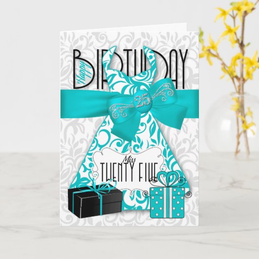 25th誕生日のため彼女のトレンディーきらきら光るターコイズドレス カード (黄色い花)