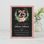 25th誕生日ブラック赤面ピンクフローラ招待 招待状 (スタンド正面)