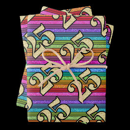 25th誕生日金ゴールドナンバーズグリッターレインボーストライプ ラッピングペーパーシート