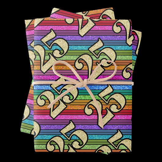 25th誕生日金ゴールドナンバーズグリッターレインボーストライプ ラッピングペーパーシート