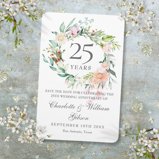 25th シルバー 結婚記念日 バラ フローラル Save the Date マグネット