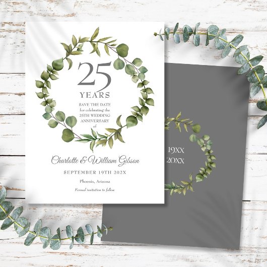 25th シルバー 結婚記念日 Save the Date グリーンネイチャー 案内ポストカード