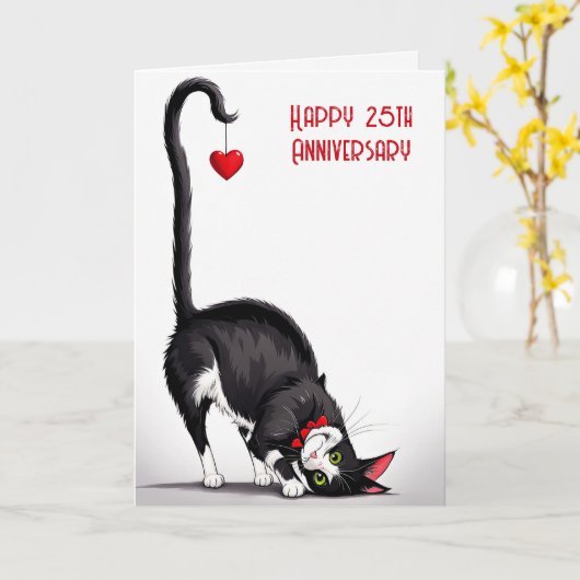 25th Anniversary Cat With Red Heart カード (黄色い花)