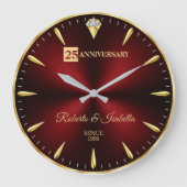 25th Anniversary Elegant Ruby Red & Gold Wedding A ラージ壁時計 (正面)