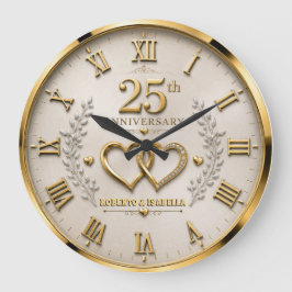 25th Anniversary Elegant Silver & Gold Wedding  ラージ壁時計