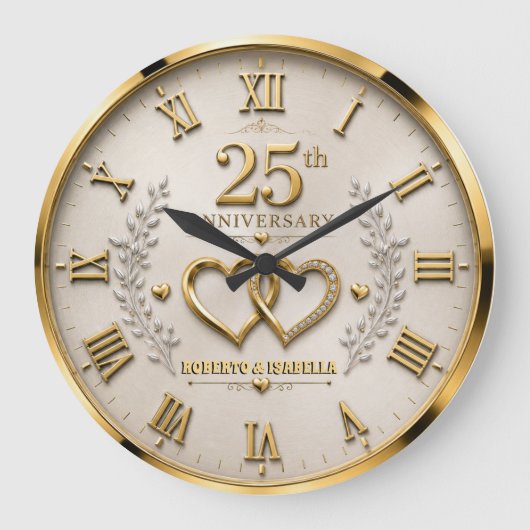 25th Anniversary Elegant Silver & Gold Wedding ラージ壁時計 (正面)