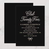 25th Birthday Black White Pearl Script Bow 招待状 (正面/裏面)