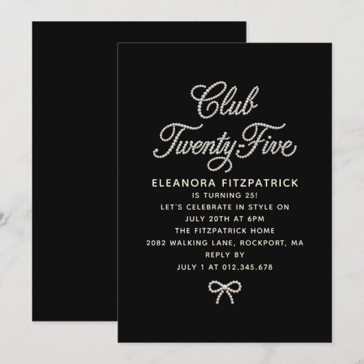 25th Birthday Black White Pearl Script Bow 招待状 (正面/裏面)