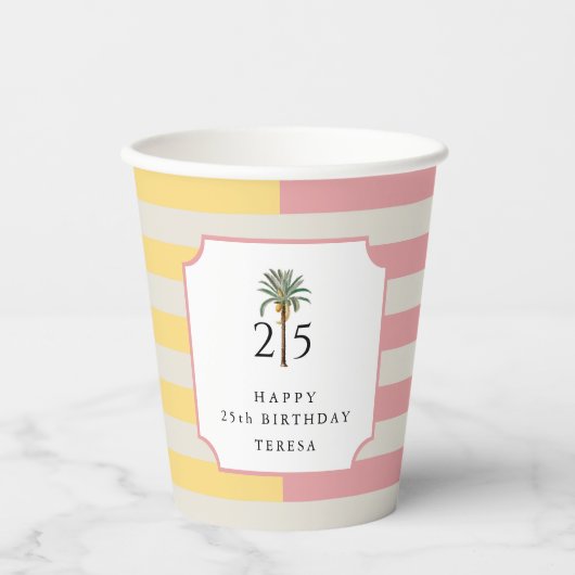 25th Birthday Palm Beach Pastel Stripe Tropical 紙コップ (正面)