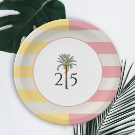 25th Birthday Palm Beach Tropical Pastel Stripe ペーパープレート